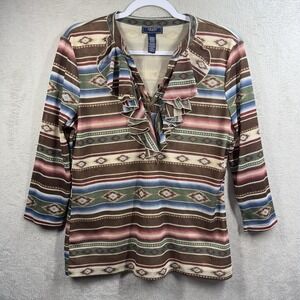 Chaps Aztec Lace Up Ruffle V-Neck Top Womens XL Western Southwestern Mesh Sleeve